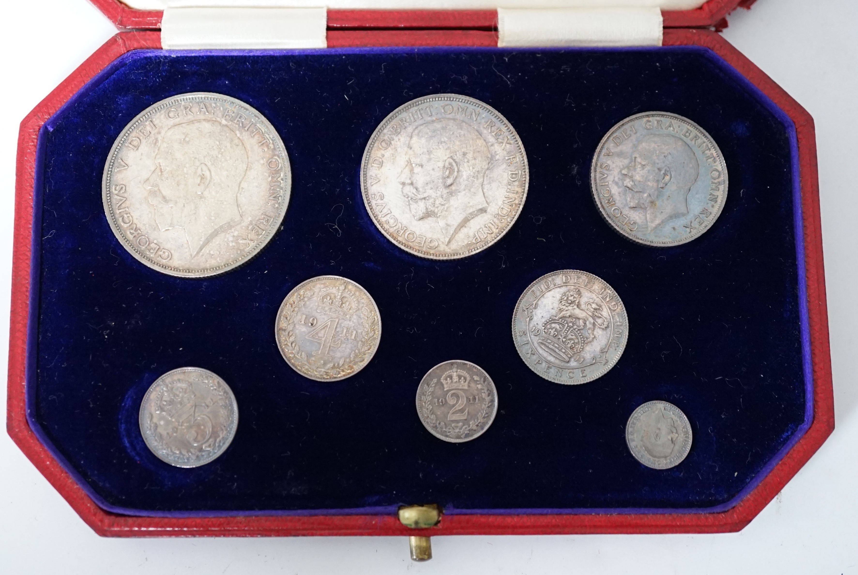 British Silver Coins, George V coronation specimen eight coin set, 1911, ranging from halfcrown to maundy penny, in case of issue